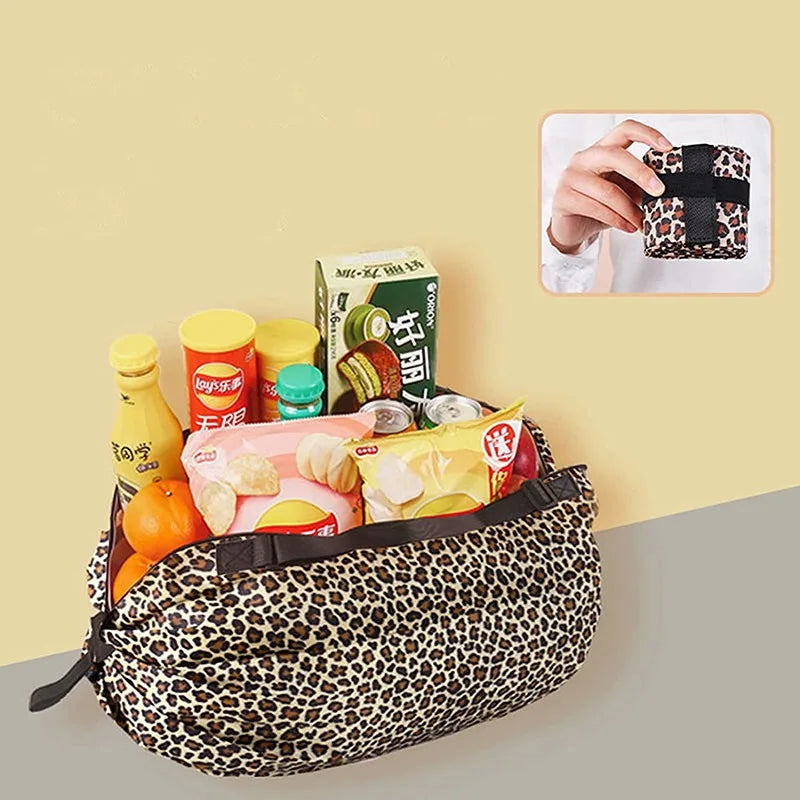 Leopard Print Foldable Shopping Bag Large Capacity Reusable Tote for Supermarket Grocery Travel Portable Shoulder Pouch Peaceful Pleasures Health and Wellness