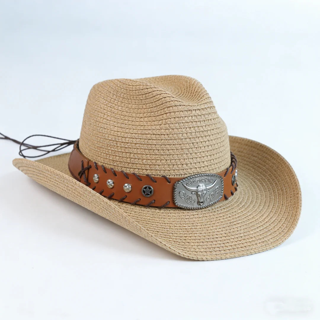 Straw Western Cowboy Hat Bull Skull Buckle Leather Band Wide Brim