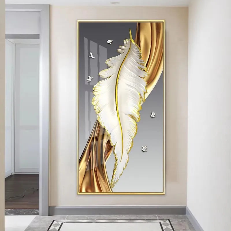 Nordic Luxury Abstract Wall Art Golden White Feathers Canvas Painting Gold Ribbon Posters for Porch Corridor Home Decoration Peaceful Pleasures Health and Wellness ZLH3212 30x40cm No Frame