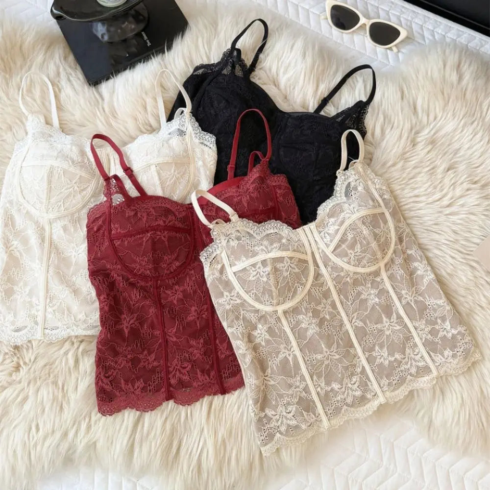 Mesh Floral Lace Crop Camisole Top with Pads | Women's Summer Vest