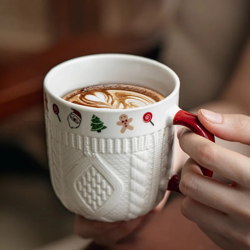 2Pcs/Set 12oz Ceramic Espresso Cups Porcelain Coffee Mugs Set for Tea Latte Cafe Mocha Couple Cozy Sweater Cups Christmas Gift Peaceful Pleasures Health and Wellness