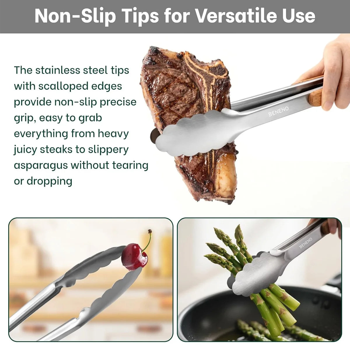 Leeseph Stainless Steel Food Tongs, 7-16 Inch Length, Heavy Duty Kitchen Tongs with Wooden Handle for Cooking, Grilling and BBQ Peaceful Pleasures Health and Wellness