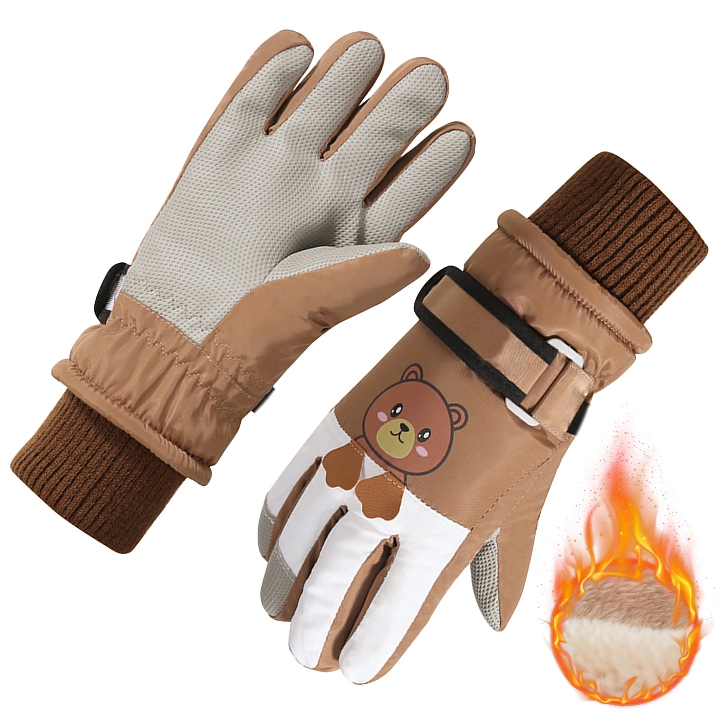 Children's Waterproof Ski Gloves, Winter Thick Glove with Cartoon Printed Boys Girls 4-14 Years For Winter Fun Cycling Snowboard Peaceful Pleasures Health and Wellness Khaki-S