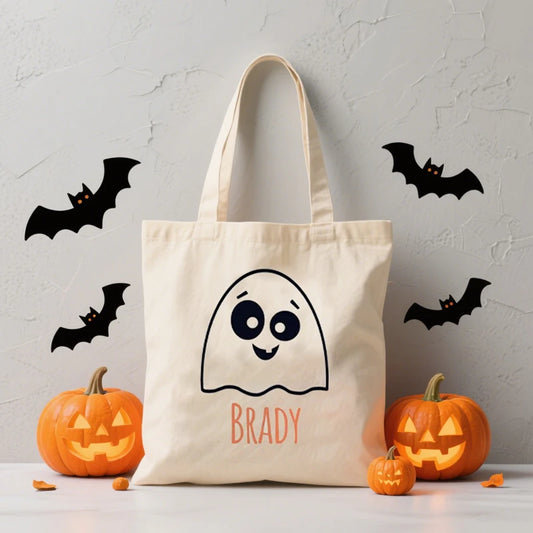 Personalized Ghost Canvas Tote Bag | Custom Halloween Treat Bag Halloween Tote Bag Peaceful Pleasures Health and Wellness