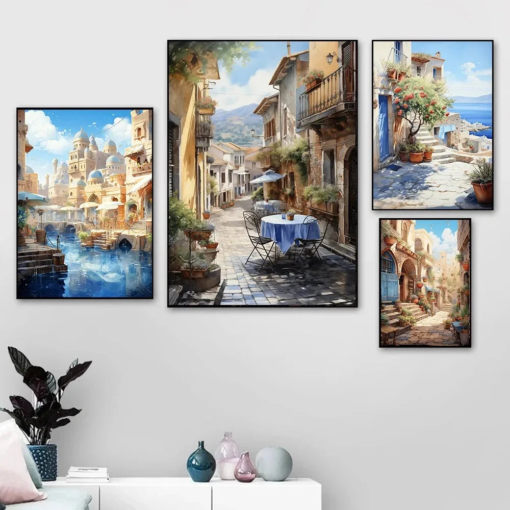 Watercolor Lake City Canvas Wall Art – Unframed Landscape Print