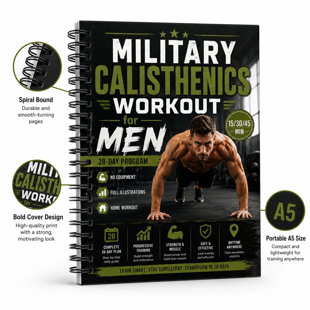 Military-style Calisthenics Workout A5 Spiral Guide Men 28-Day