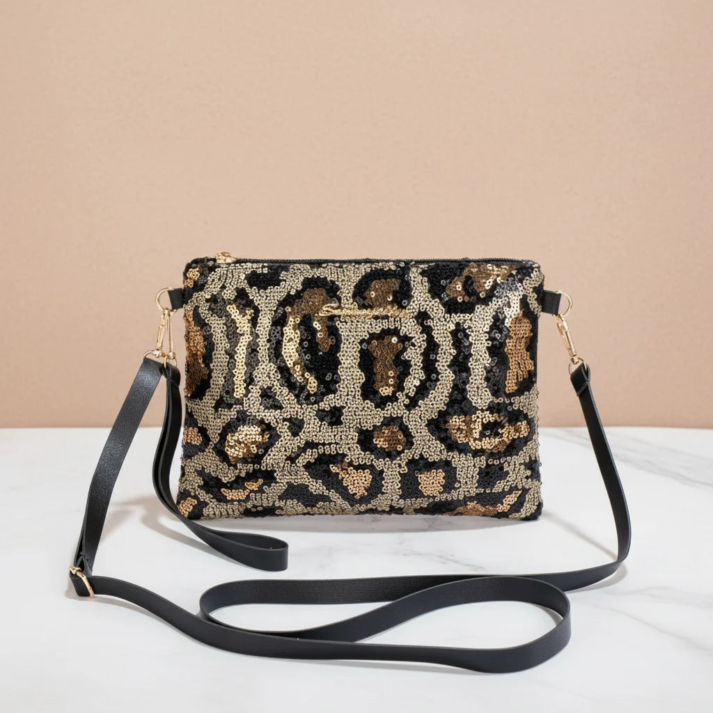 Women's Sequin Leopard Crossbody Shoulder Bag & Clutch