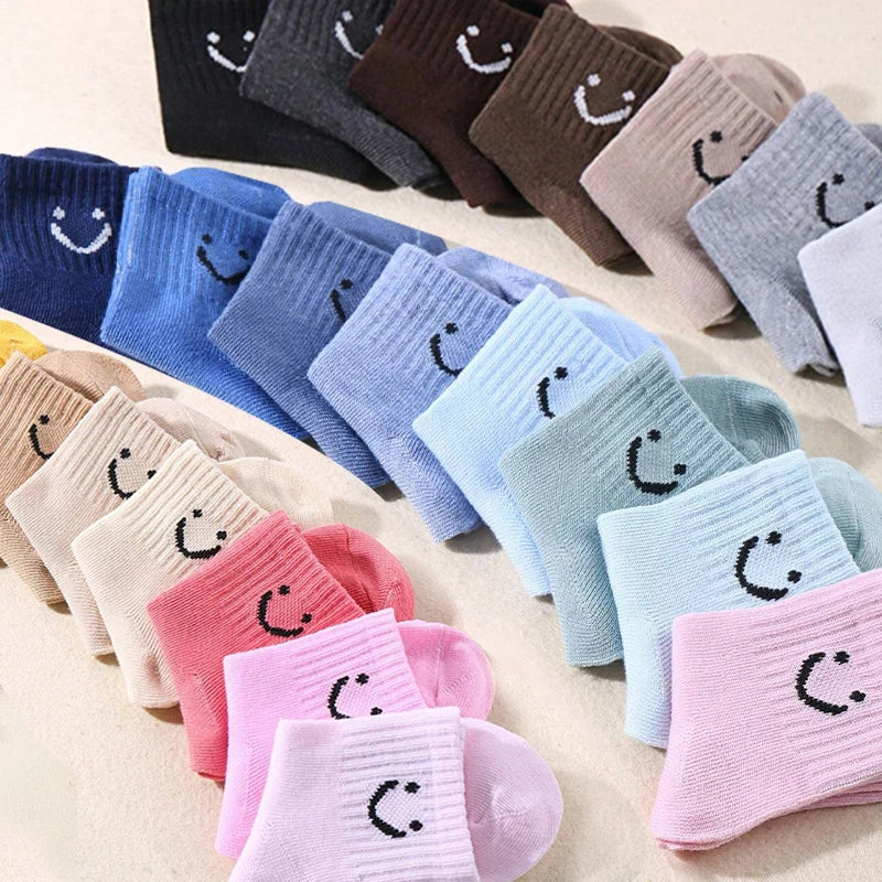 10 pairs of cute solid-color smiling face pattern children's mid-calf socks, suitable for boys and girls socks Peaceful Pleasures Health and Wellness