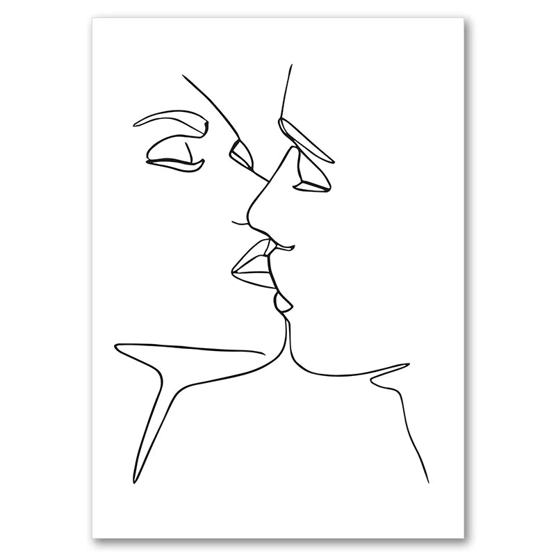 Black And White Line Drawing Couple Kiss Canvas Prints Heart Art Painting Hand In Hand Poster Minimalist Pictures Home Decor Peaceful Pleasures Health and Wellness 9956-06 20x30cm