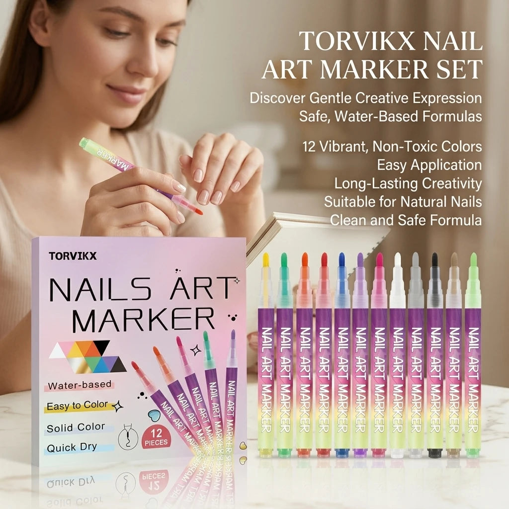 Nail Art Marker Pens Set Nourishing DIY Manicure Long‑lasting Smudge‑proof Quick-Dry 12 Colors Water‑based Nail Graffiti Pens Peaceful Pleasures Health and Wellness