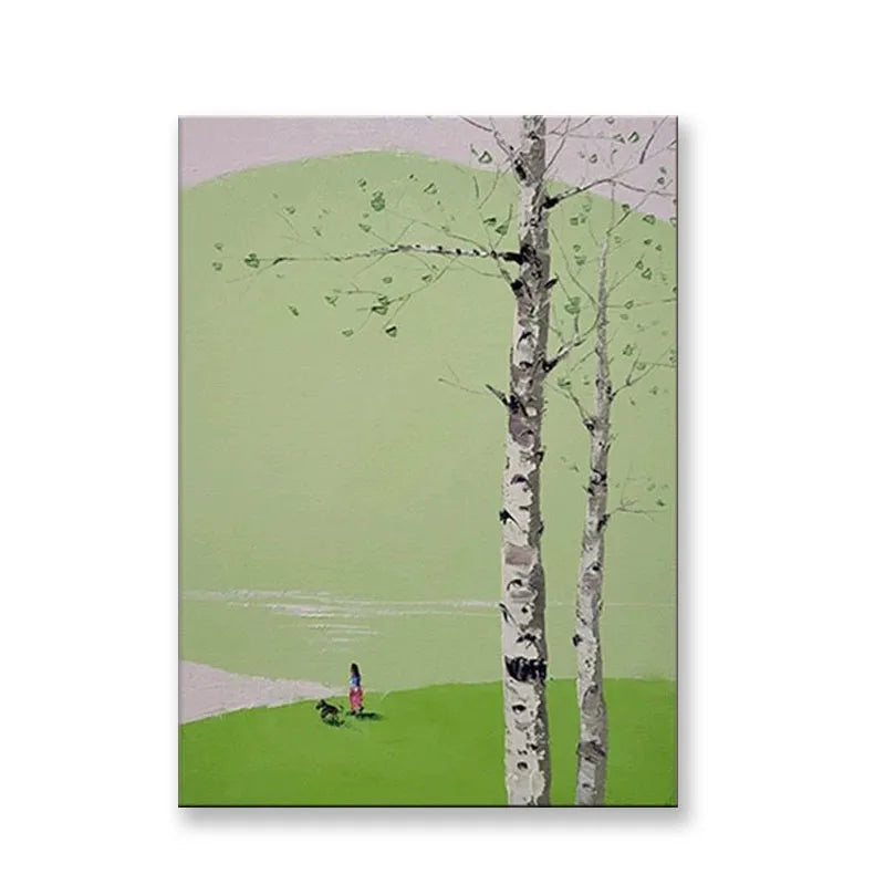 Abstract Mountain Peak Scenery Living Room Modern Minimalist White Birch Tree Decoration Painting Green Picture Entrance Room Peaceful Pleasures Health and Wellness