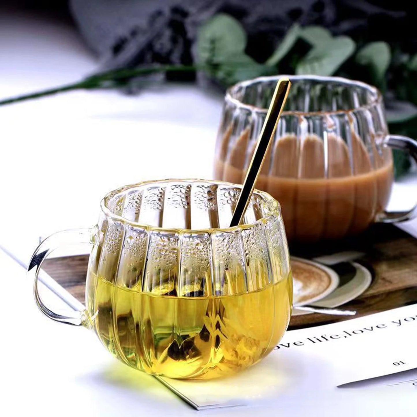 Glass Coffee Drinking Cups Transparent Vertical Pattern Petal Design Cup Suitable for Home Hotels Bars Peaceful Pleasures Health and Wellness