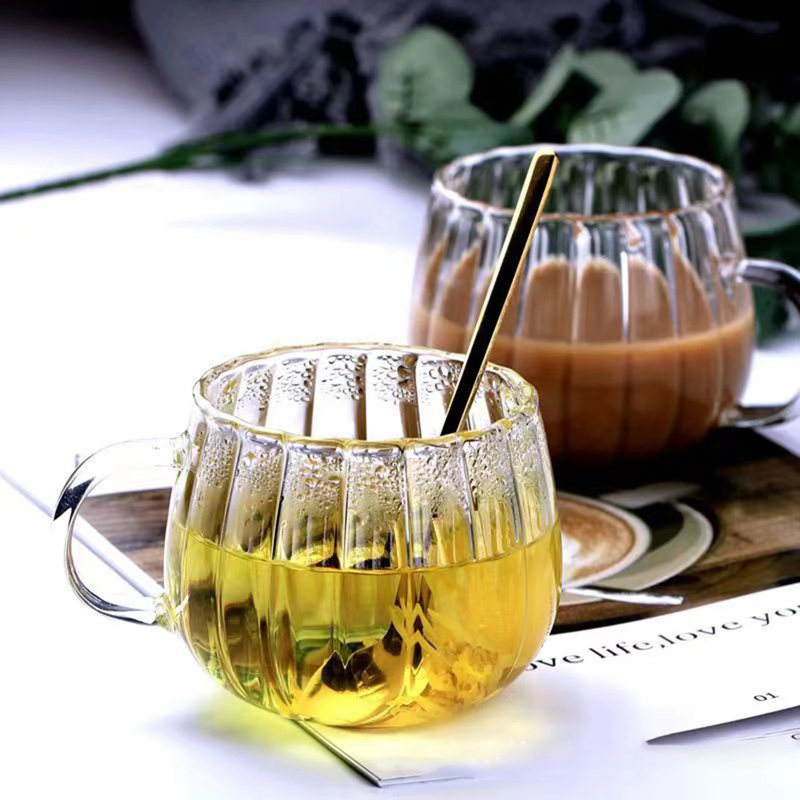 Glass Coffee Drinking Cups Transparent Vertical Pattern Petal Design Cup Suitable for Home Hotels Bars Peaceful Pleasures Health and Wellness