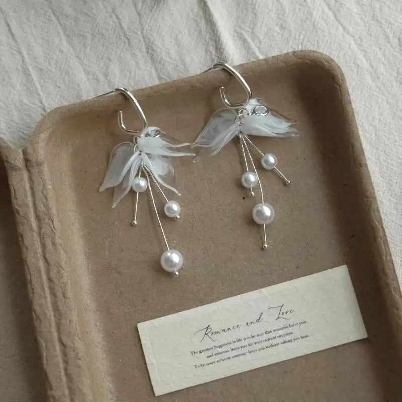 White Floral Dangle Earrings – Faux Pearl Tassel Bridal Gift