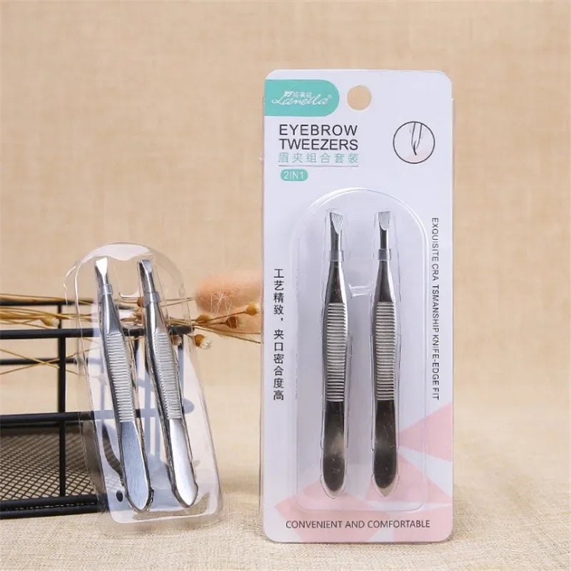 Professional Stainless Steel Eyebrow Tweezers Set – 2 Pcs