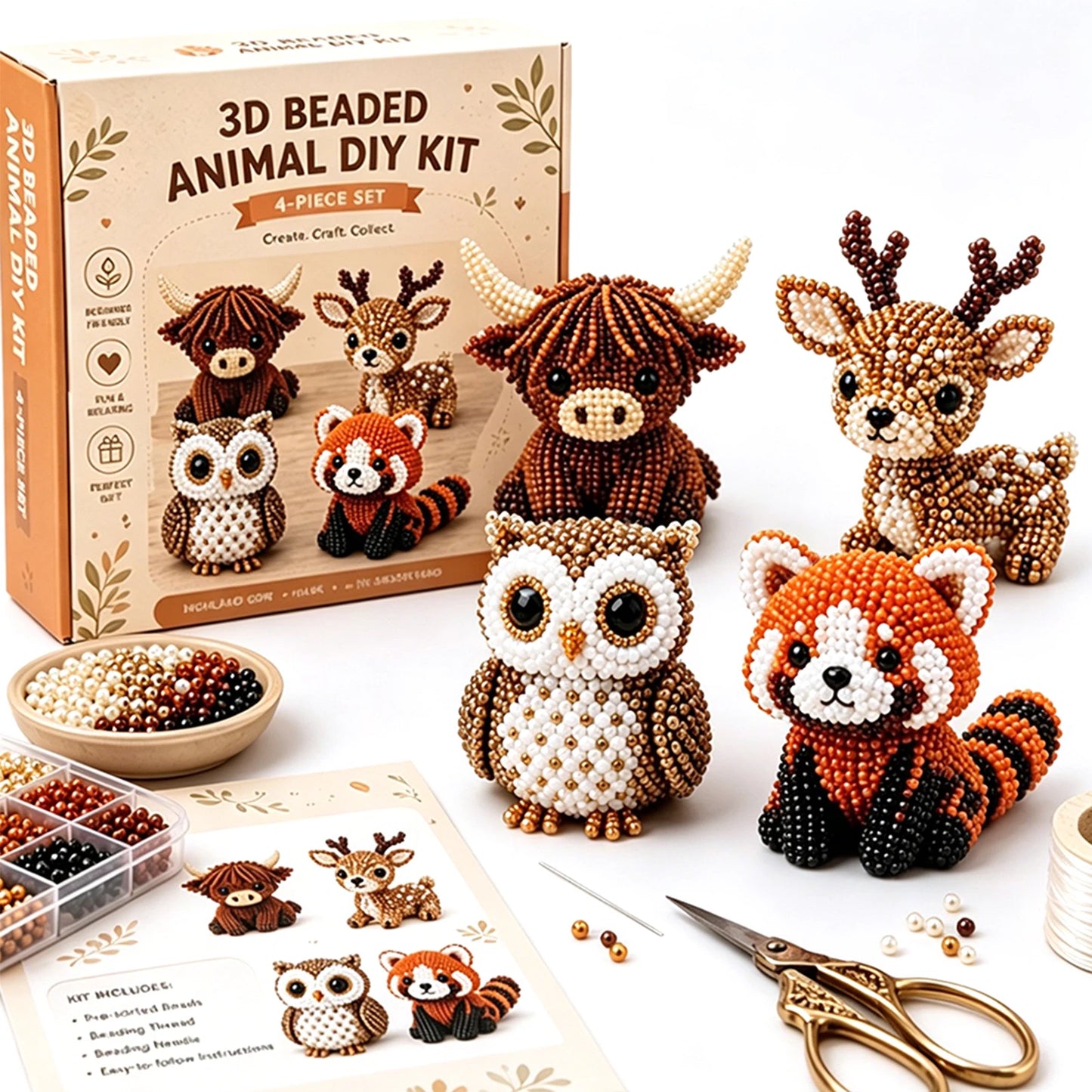 Handmade DIY Animal Bead Set,3D Beaded Animal Craft Kit,Bead Pet Keychain Making Kit,Rainy Day Indoor/Family Bonding Activities Peaceful Pleasures Health and Wellness