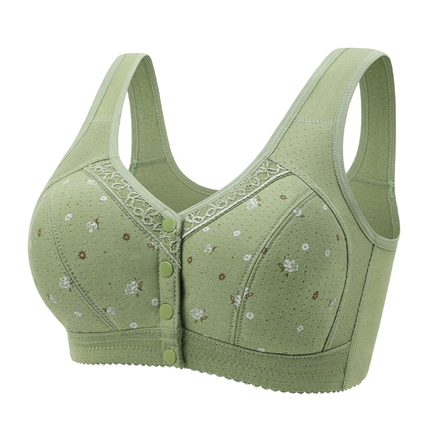 Plus Size Flower Print Wire Free No Pads Nursing Bra Mid-aged Mom Open Front Vest Brassiere Lingerie Cotton Bralette Underwear Peaceful Pleasures Health and Wellness Green 38