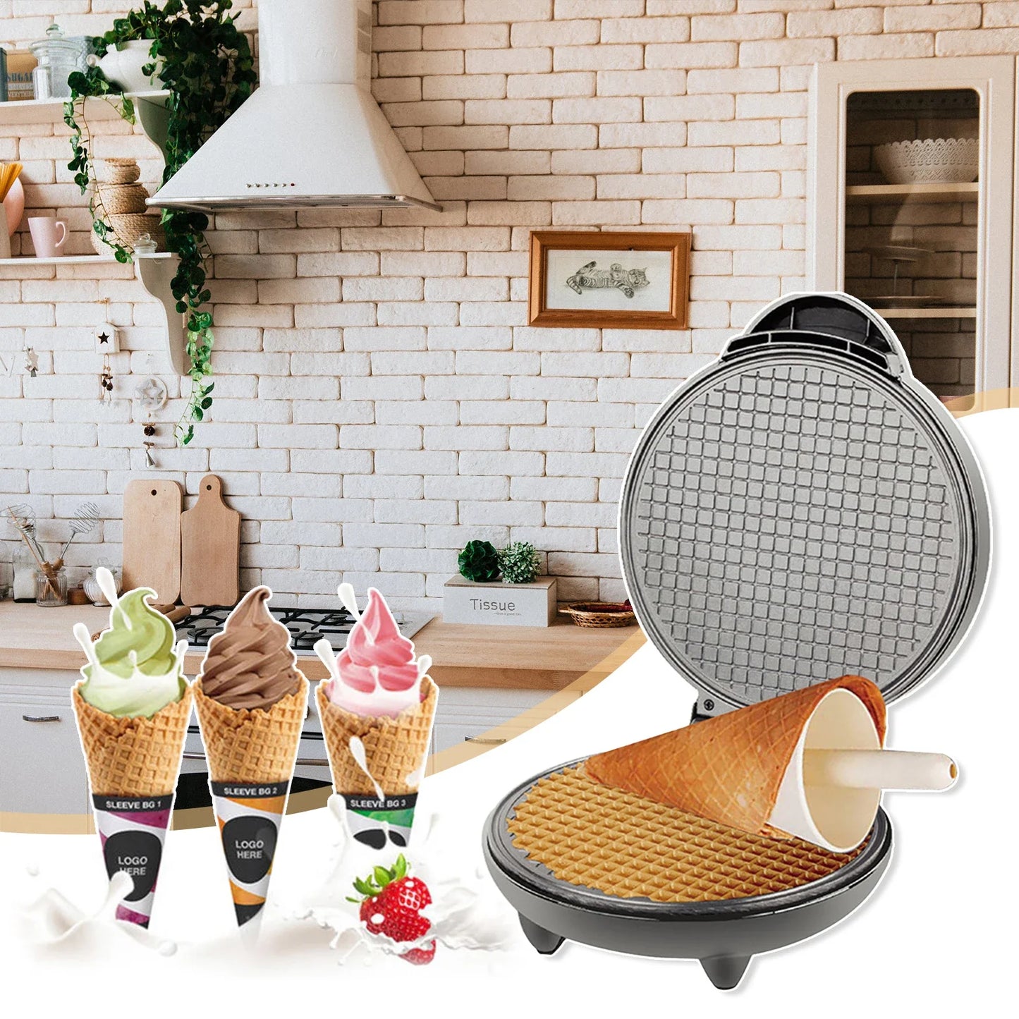 URGGU 1200W Nonstick Electric Ice Cream Cone & Waffle Maker