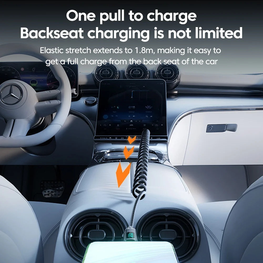 120W Retractable USB-C Car Charging Cable | Digital Display