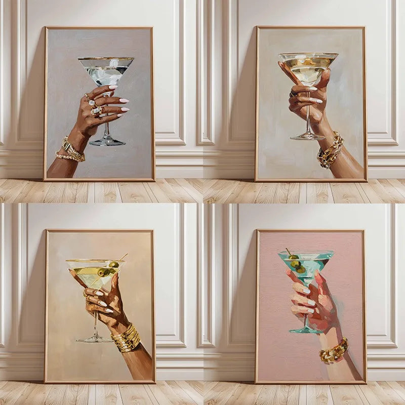 Chic Martini Glass Poster Hand Holding Cocktail Modern Champagne Canvas Painting Fashion Wall Art Bar Kitchen Room Home Decor Peaceful Pleasures Health and Wellness