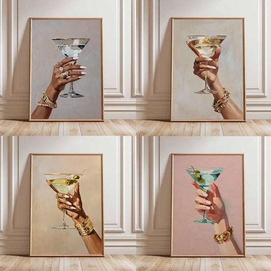 Chic Martini Glass Poster Hand Holding Cocktail Modern Champagne Canvas Painting Fashion Wall Art Bar Kitchen Room Home Decor Peaceful Pleasures Health and Wellness