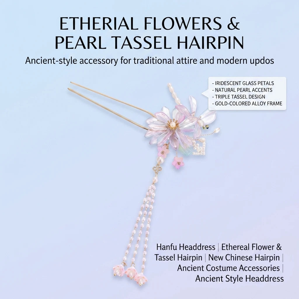 New Chinese Style Flower Tassel Hairpin for Women Alloy Metal Traditional Hanfu Hair Accessory with Secure Base Suitable for Peaceful Pleasures Health and Wellness