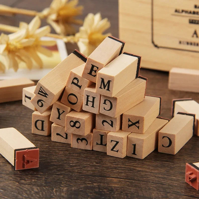 36-Piece Wood Alphabet & Number Stamp Set | Kids Stationery Craft Stamp Set Peaceful Pleasures Health and Wellness