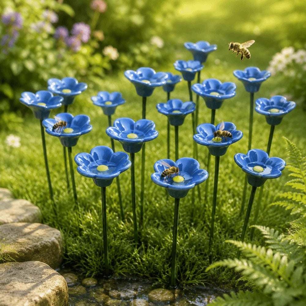 Ceramic Bee Watering Station Flower Garden Decor Set of 3
