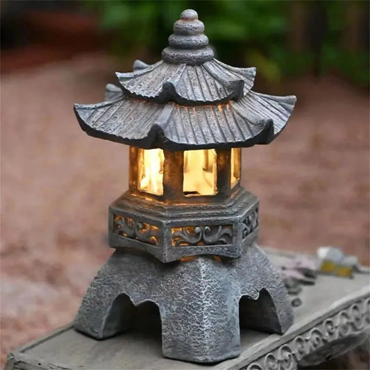 Solar Chinese Stone Tower Garden Light – Resin Courtyard Sculpture