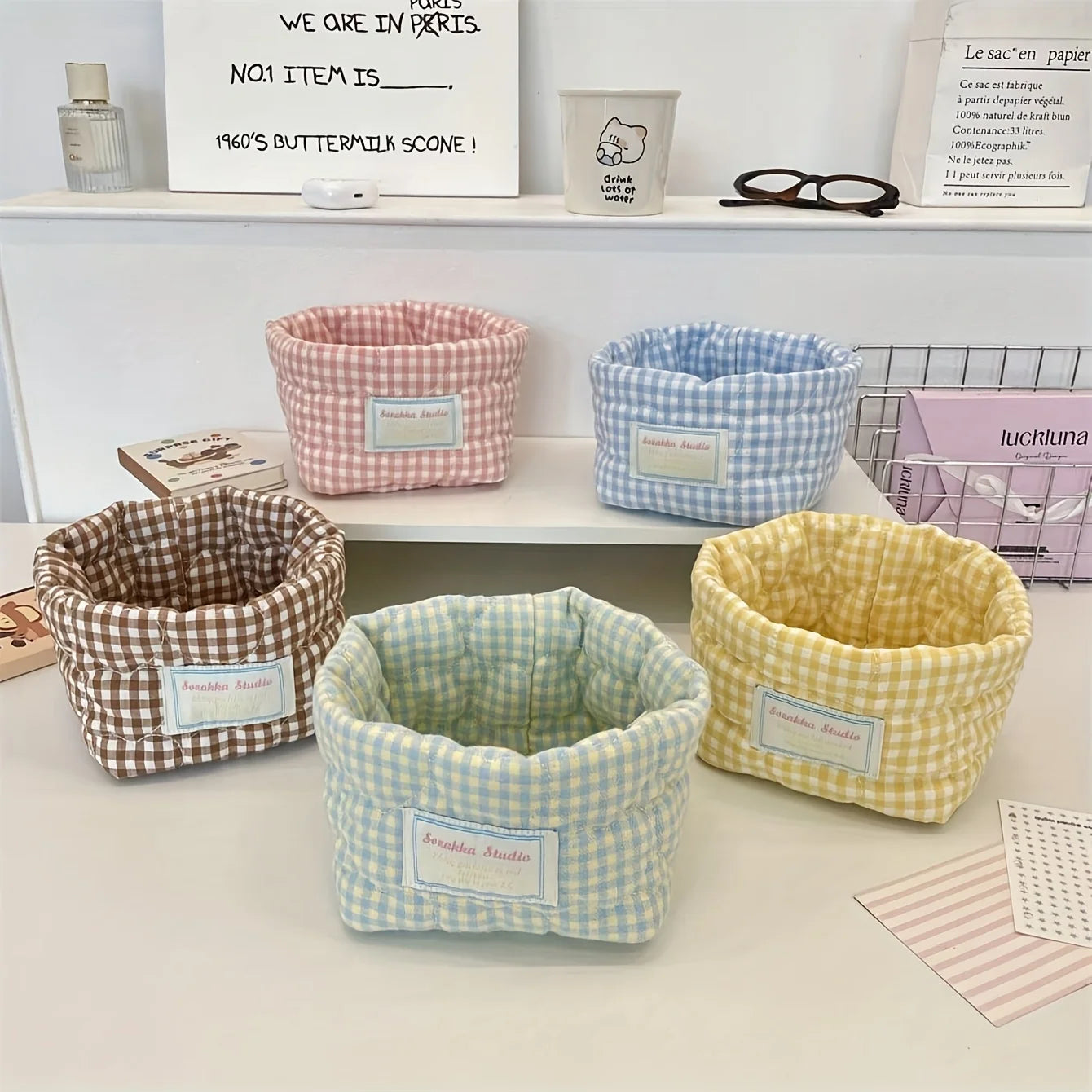 Foldable Checkered Heart Storage Basket | Quilted Organizer