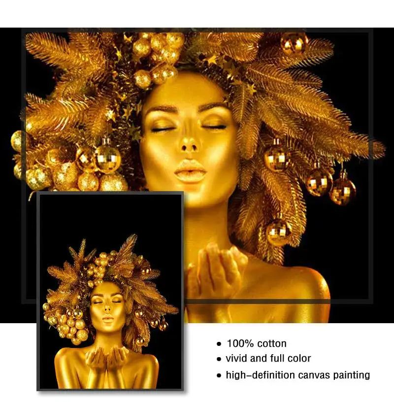 Gold Woman Oil Painting on Canvas Cuadros Posters and Prints Wall Art Picture for Living Room Sexy Nude African Black Peaceful Pleasures Health and Wellness
