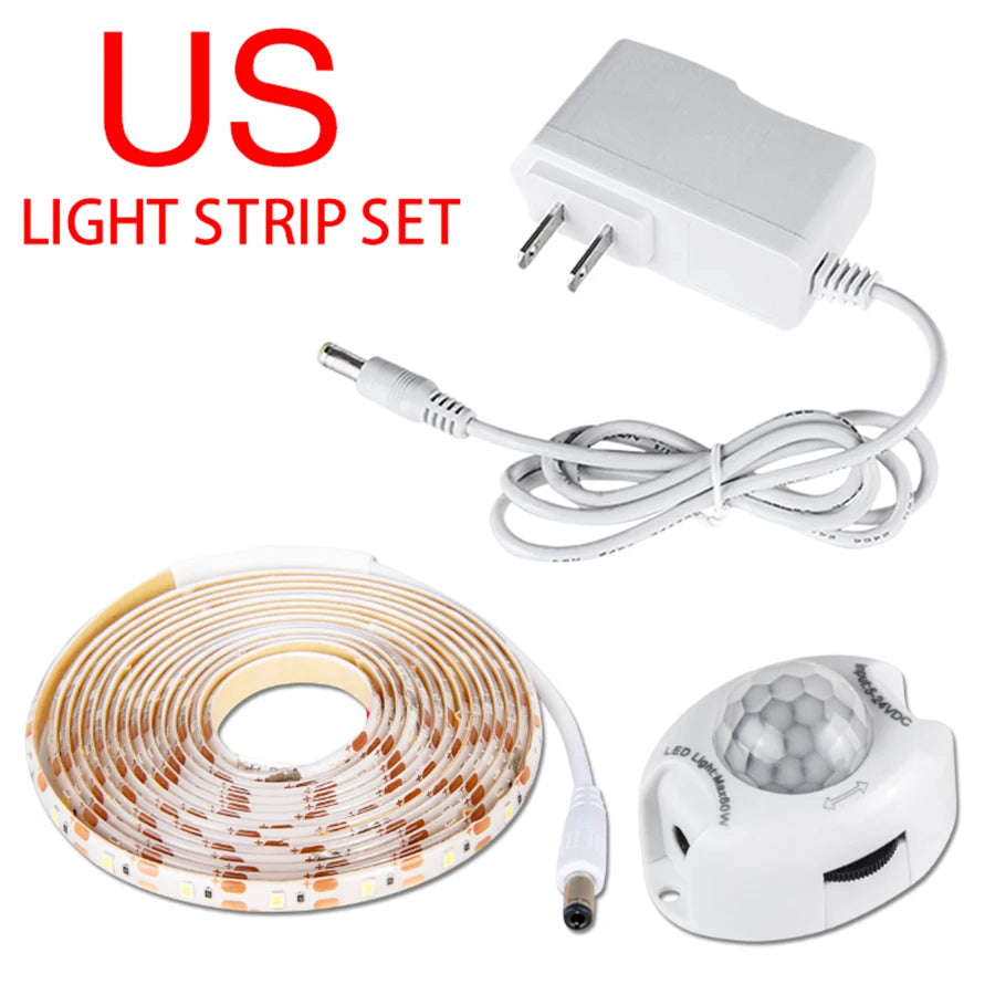1M-5M PIR Motion Sensor 12V LED Strip Light Auto On/Off Human Body Induction LED Tape for Cabinet Stairs Wardrobe Closet Kitchen Peaceful Pleasures Health and Wellness US Plug set WHITE 1m