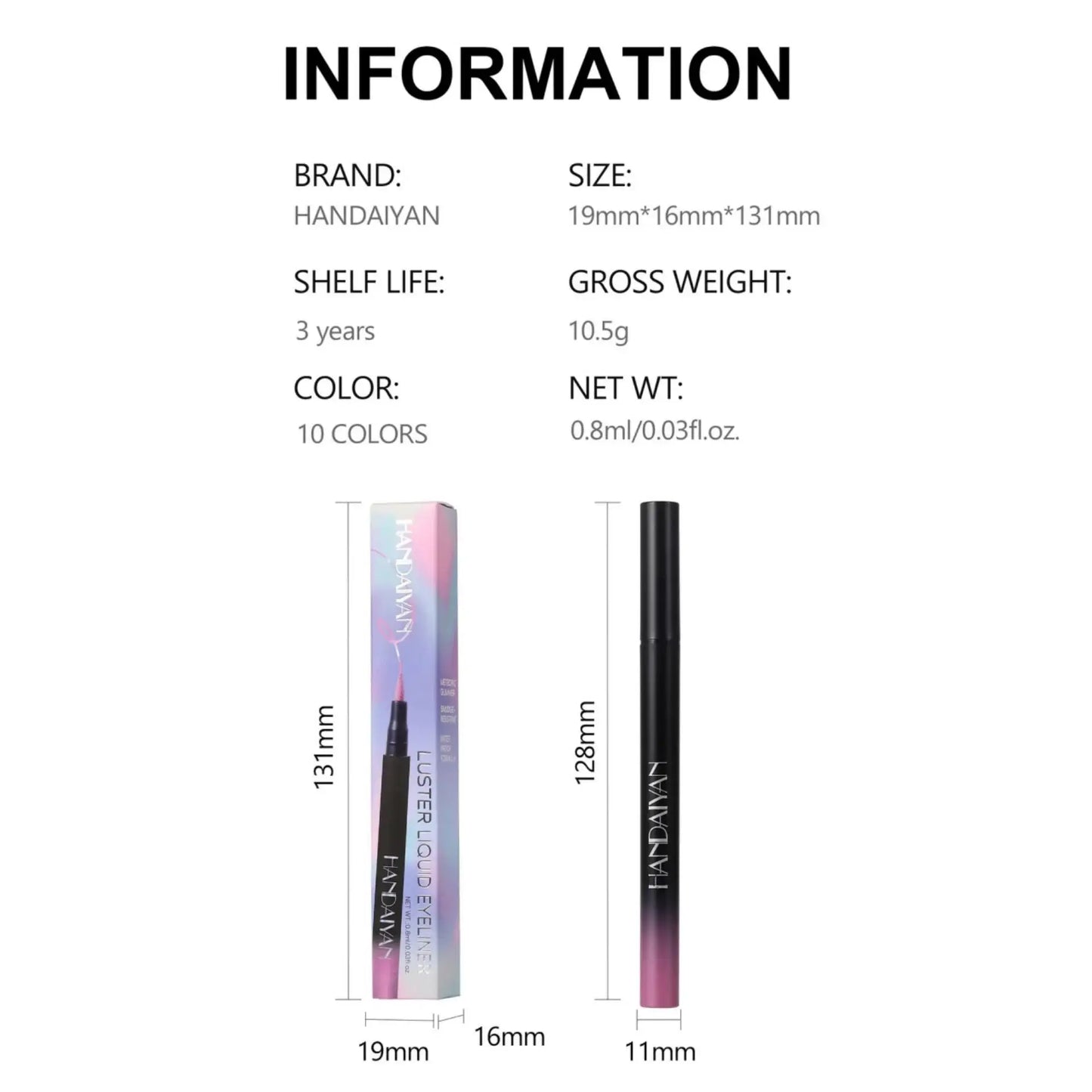 Handaiyan Metallic Glitter Liquid Eyeliner – Waterproof, 10 Colors