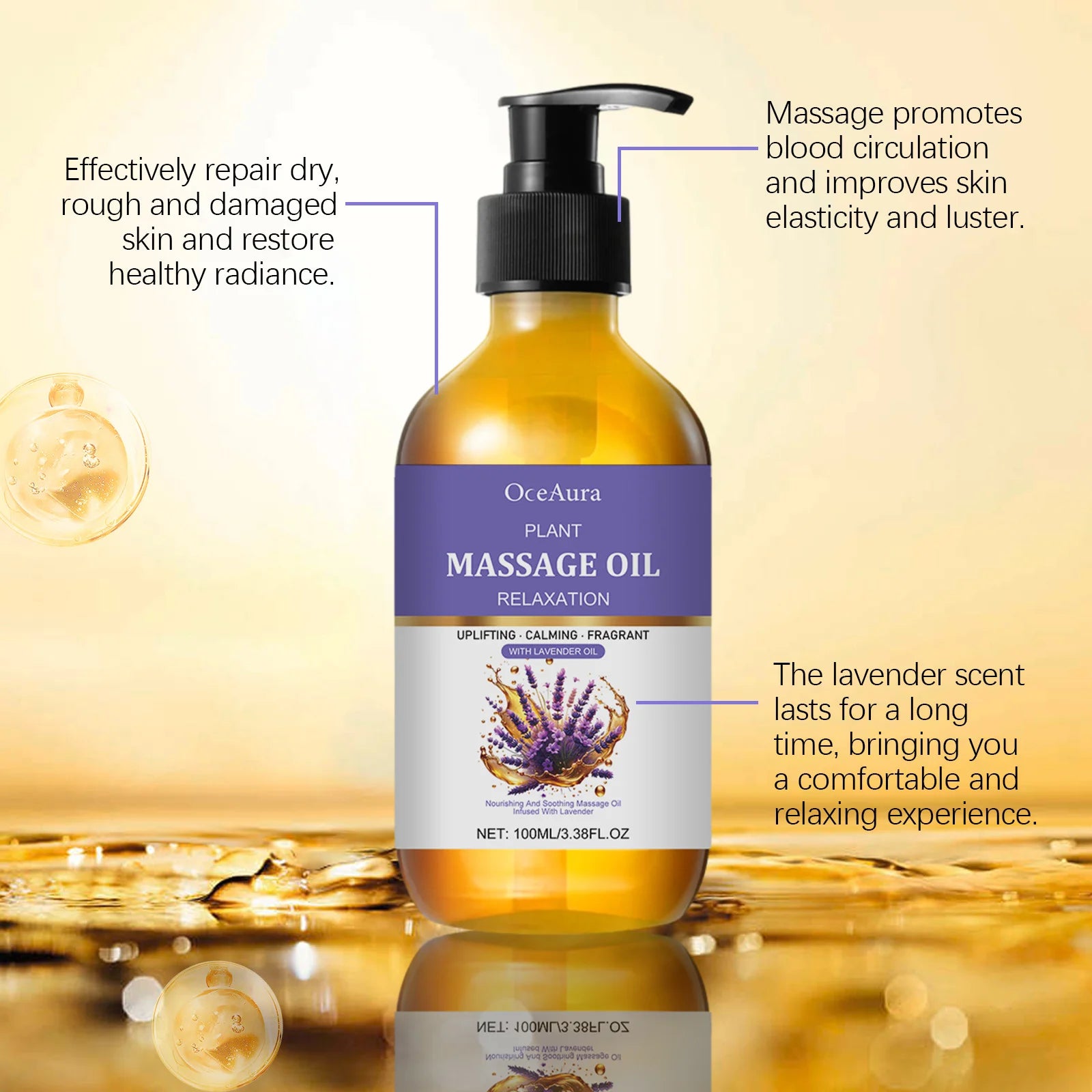 Lavender Massage Essential Oil Moisturizing Relaxing Stress Relief Smoothing Softening Firming Repair Hydrating Body Massage Oil Peaceful Pleasures Health and Wellness