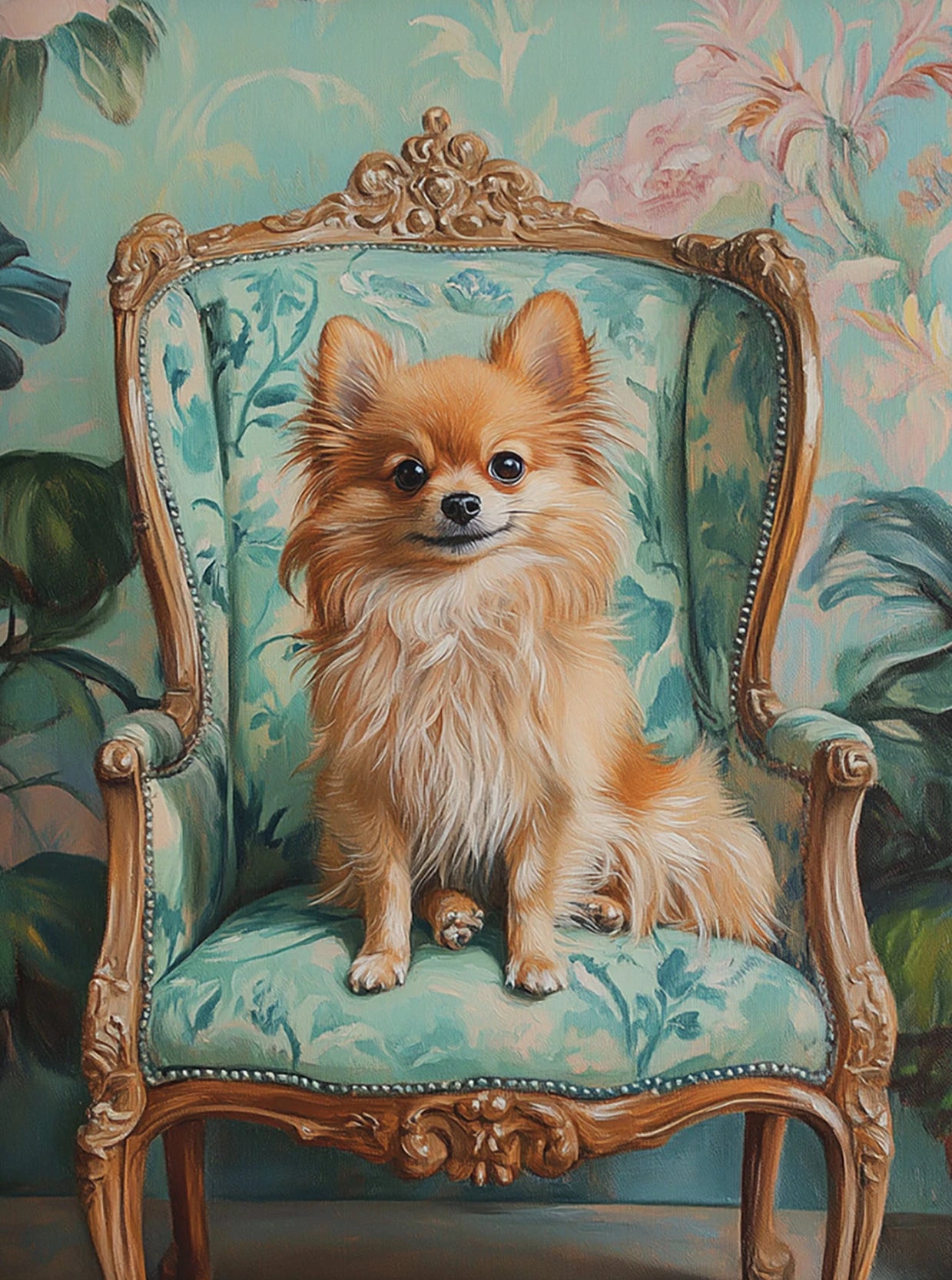Dog on Stool Retro Canvas Wall Art | Bichon Frise Pomeranian