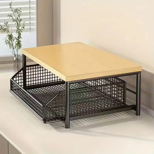 Metal & Wood Microwave Rack with Pull-Out Drawer | Kitchen Organizer Kitchen Countertop Rack Peaceful Pleasures Health and Wellness Delicate Black