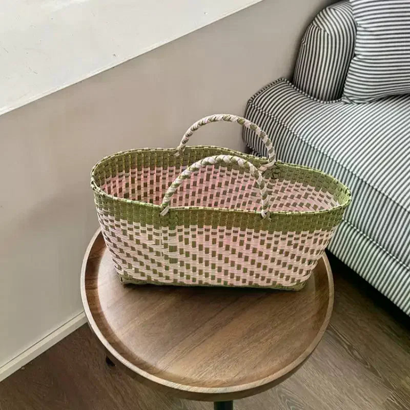 PVC Woven Beach Tote Bag | Boho Large Capacity Basket Bag