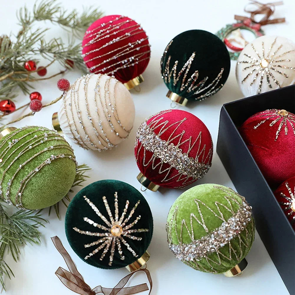 12 Velvet Flocked Christmas Ornaments 8cm | Holiday Tree Decor