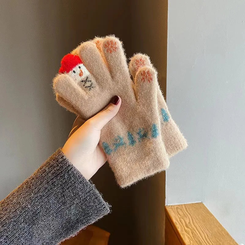 Winter Women Knit Gloves Cute Snowman Touch Screen Thick Warm Windproof Cold Proof Five Fingers Gloves Outdoor Full Finger Mitts Peaceful Pleasures Health and Wellness khaki