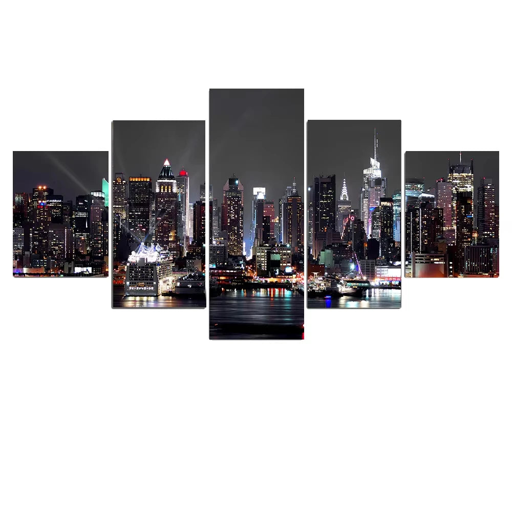 Canvas Painting Wall Art 5 Pieces New York City Construction Scenery Pictures Prints Night View Poster Home Decor Modular Framed Peaceful Pleasures Health and Wellness 5pcs 20x35-20x45-20x55cm
