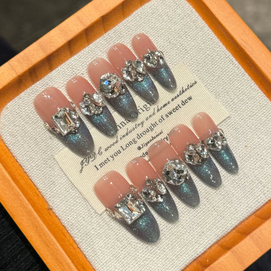 Handmade Press on Nails Shiny Blue Cat Eye French False Nail Tips Wearable Glitter Wedding Nail Art Long Oval Head Fake Nails Peaceful Pleasures Health and Wellness XS 1