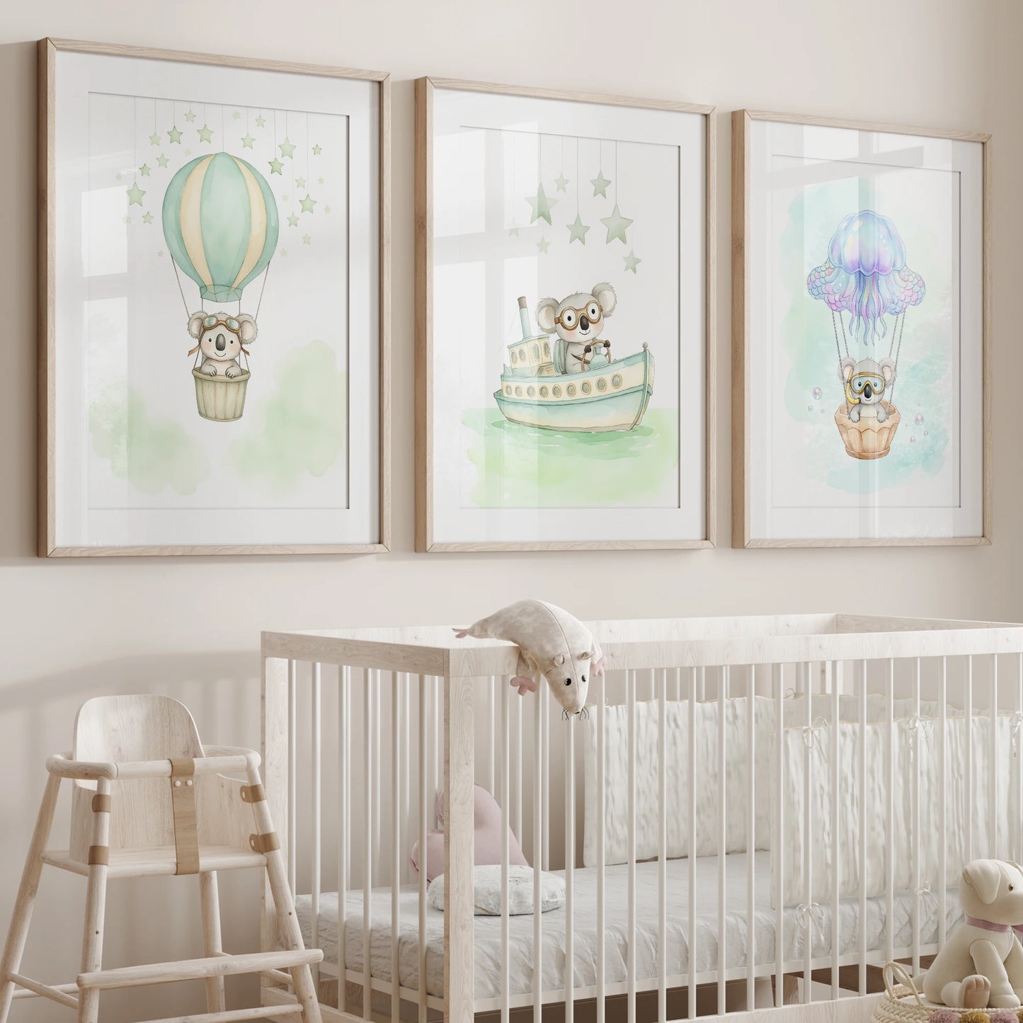 Watercolor Sloth Hot Air Balloon Canvas Wall Art | Kids Room