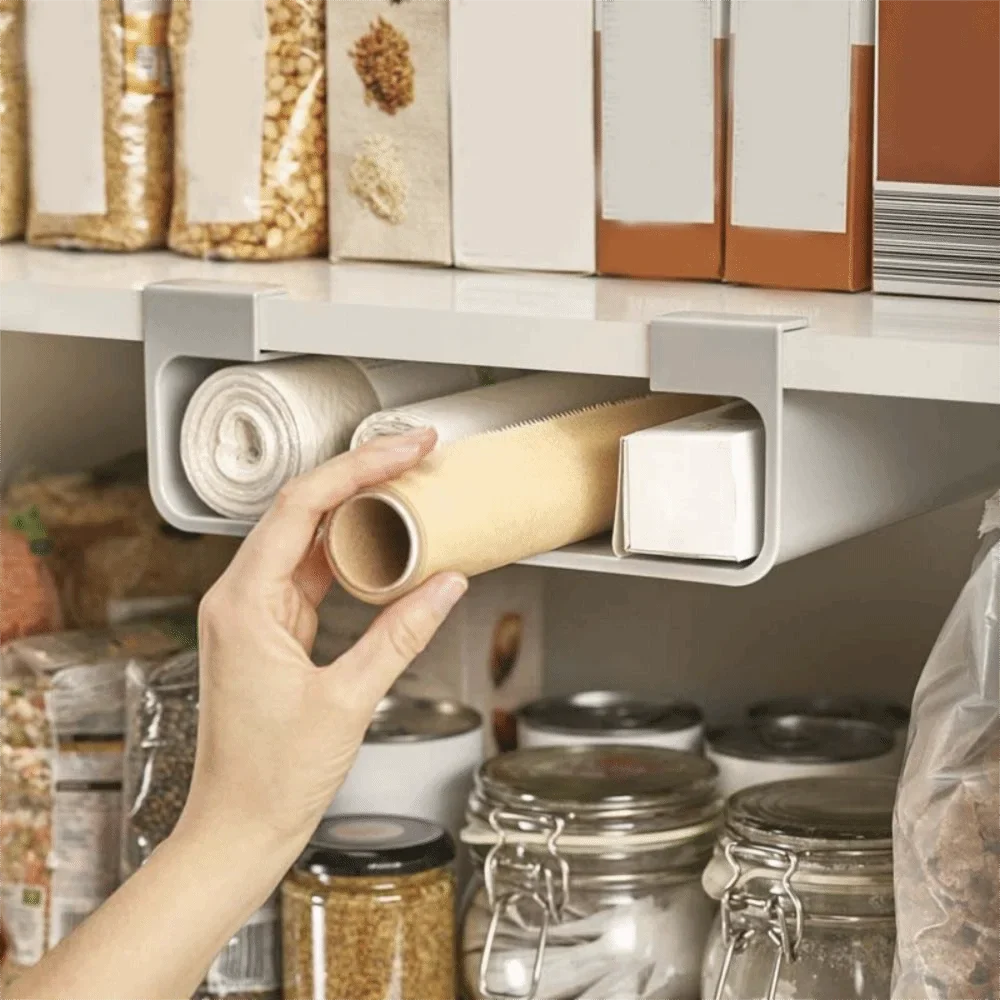 Wall-Mounted Cling Film & Tin Foil Organizer – Grey Storage Shelf