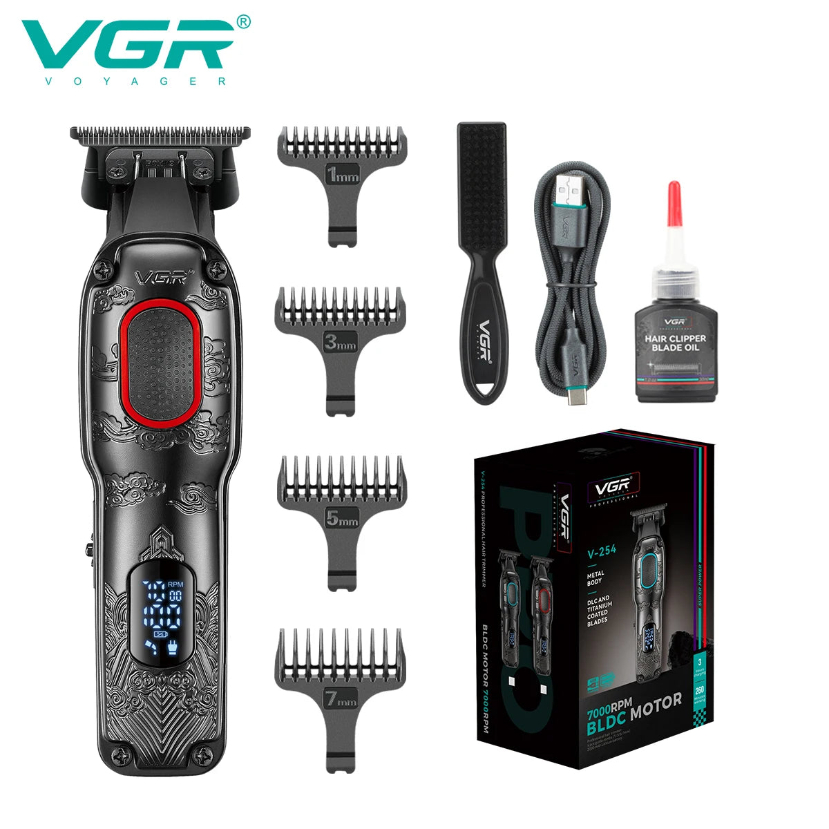 VGR intelligent digital hair clipper relief texture machine height endurance 7000rpm hair salon home carving push shear V-254 Peaceful Pleasures Health and Wellness V-254red