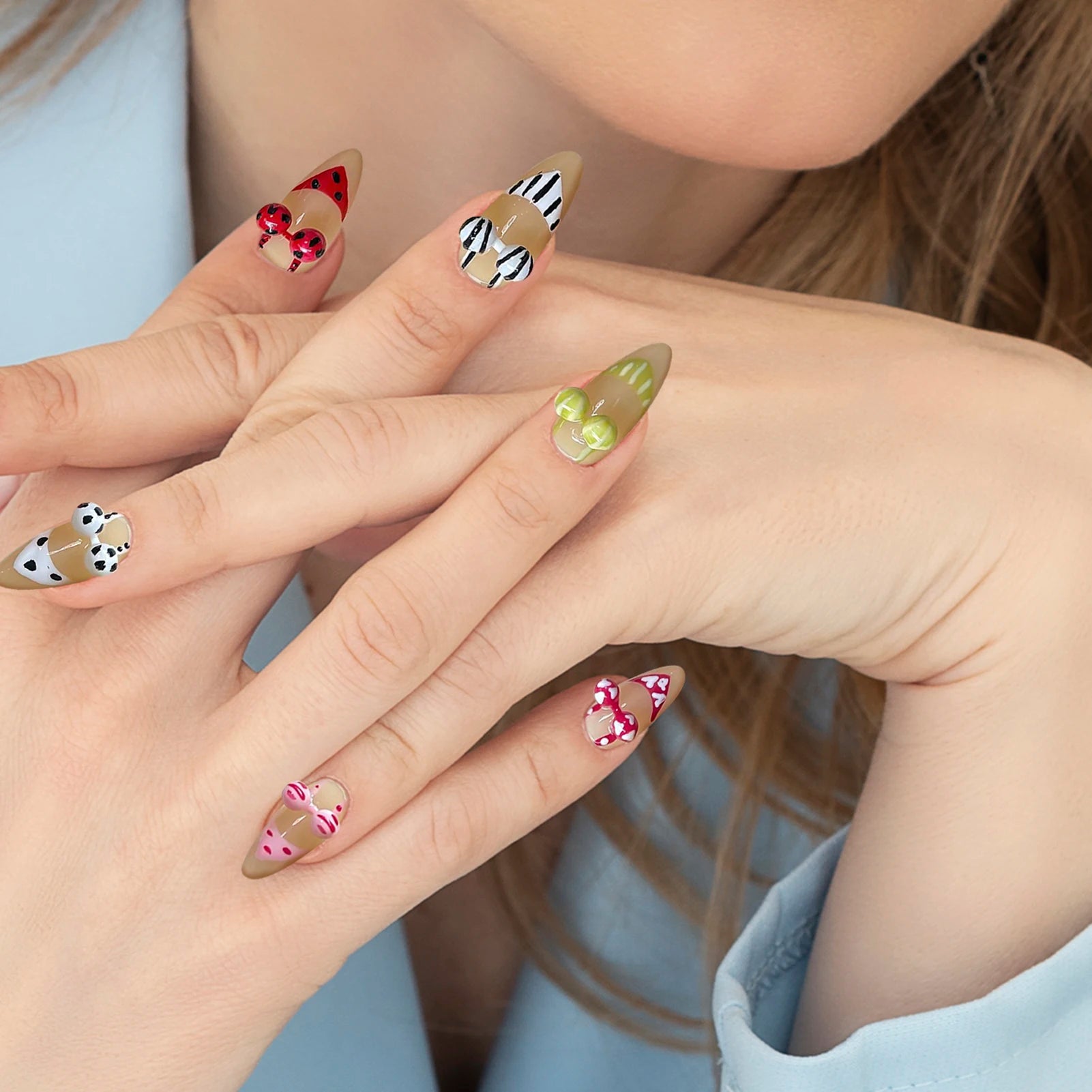 Handmade Press on Nails with 3D Bikini Design Summer Beach Style False Nails for Women Wearable Reusable Funny Almond Fake Nails Peaceful Pleasures Health and Wellness