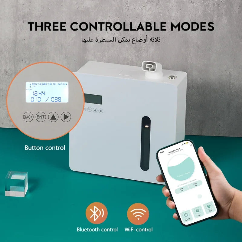 Control panel with digital display and smartphone app, featuring button, Bluetooth, and WiFi controls on a teal and gray background.