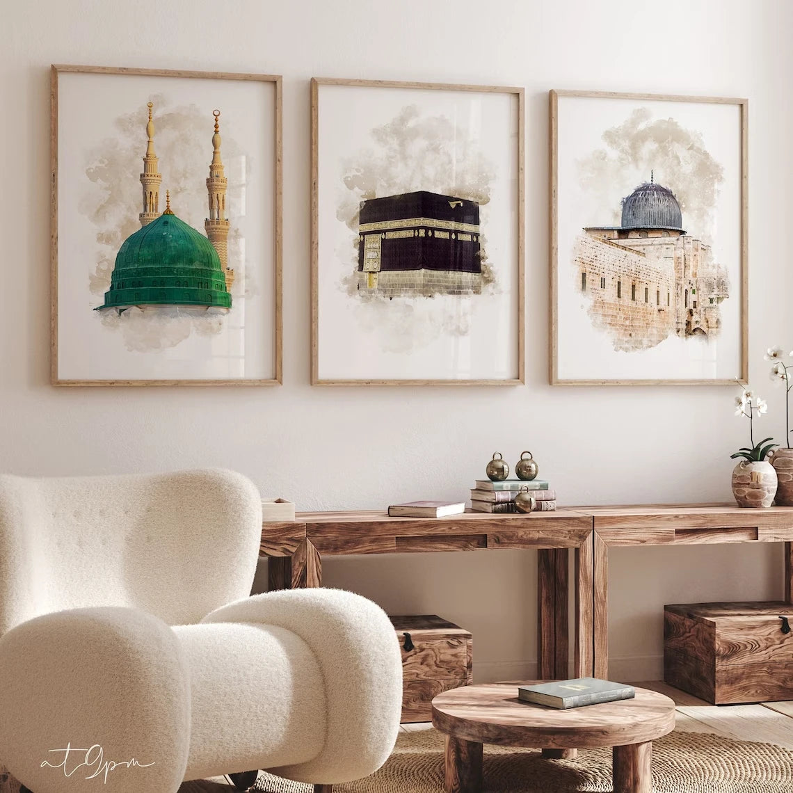 3pcs Modern Islamic Mosque Wall Art Print Canvas Painting Poster Picture For Living Room,Bedroom Home Decor Peaceful Pleasures Health and Wellness G4053-3pcs 50x70cm Unframed