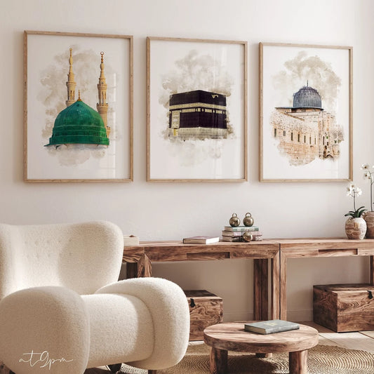 3pcs Modern Islamic Mosque Wall Art Print Canvas Painting Poster Picture For Living Room,Bedroom Home Decor Peaceful Pleasures Health and Wellness G4053-3pcs 50x70cm Unframed