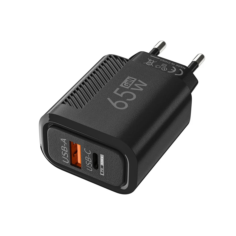 65W GaN Fast Charger PD QC3.0 Dual Port USB Wall Adapter EU US Plug Compatible with iPhone Samsung Xiaomi Tablets Travel Charger Peaceful Pleasures Health and Wellness EU Black