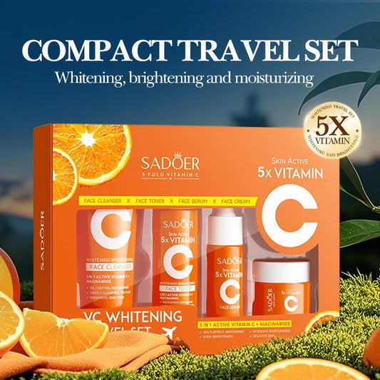 4pcs/box SADOER 5x Vitamin C Kit Whitening Moisturizing Travel Set(Facial Cleanser, Toner, Serum, Face Cream） Peaceful Pleasures Health and Wellness